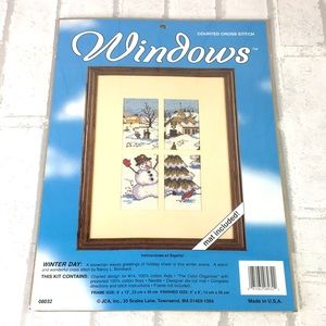 JCA Windows Winter Day Christmas Scene Snowman Church Cross Stitch Kit w/ Mat J1